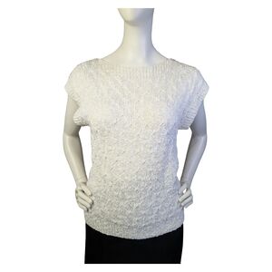 Cream Textured Knit Cap Sleeve Top Stretch Knit Sweater Tee  | Size Small/Medium